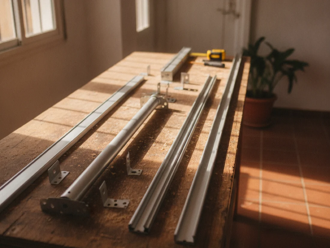 Lamas de aluminio, eje y soportes preparados para instalar una persiana