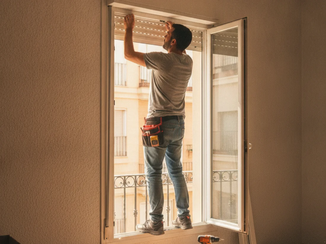 Persianista montando las guías de una persiana nueva en una ventana